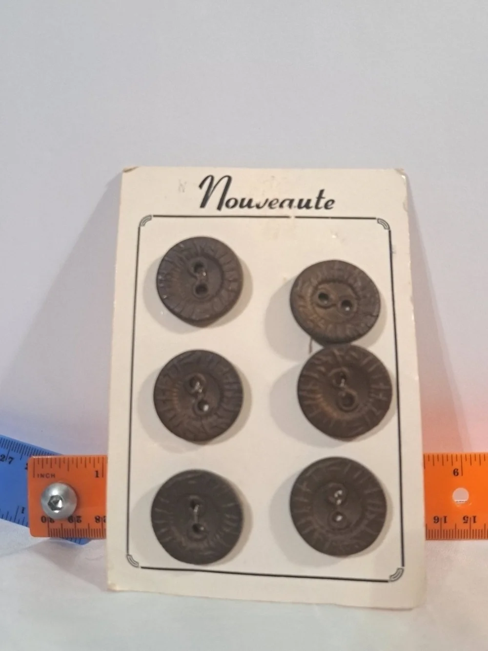 Nouveaute Brown Carved Plastic Buttons 6pc Set Deadstock Art Deco